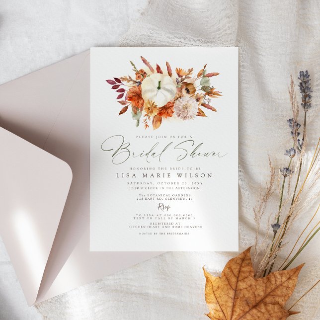 Convites Chá de panela de queda de abóboras brancas Elegant (Elegant White Pumpkins Fall Bridal Shower Invitation)