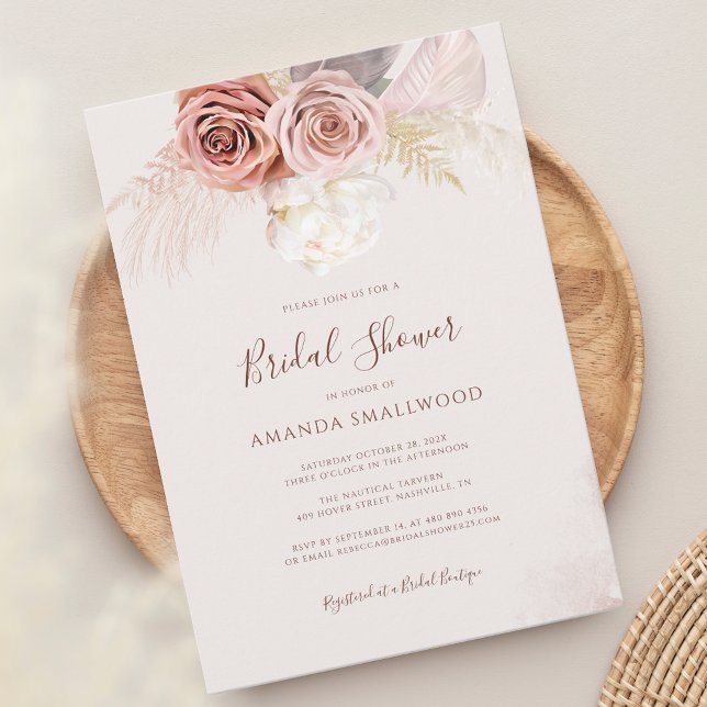 Convites Chá de panela de queda de Boho Grass Pampas (Pampas Grass Terracotta Script Bridal Shower Invitation)