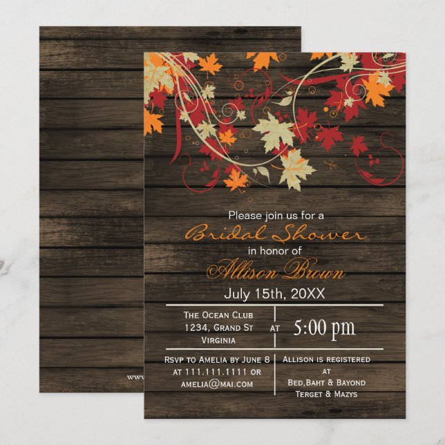 Convites Chá de panela de queda rústica de madeira de celei (Frente/Verso)