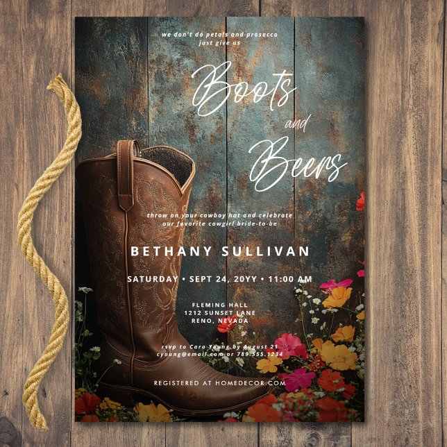 Convites Chá de panela de Raízes e Beers Russos Ocidentais (Western Rustic Boots & Beers Bridal Shower Invitation)