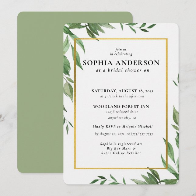 Convites Chá de panela de Ramo de Oliva Moderna (Frente/Verso)