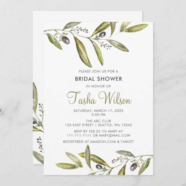 Convites Chá de panela de ramos de oliveira (Frente/Verso)