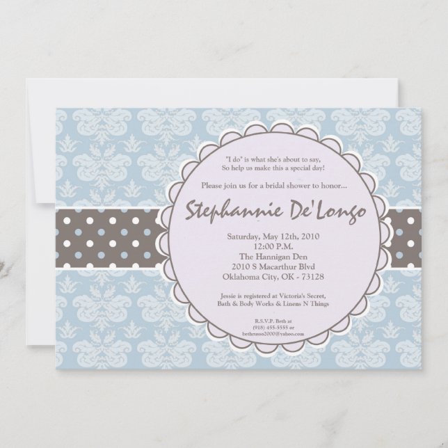 Convites chá de panela de rendas Azul Damask 5x7 (Frente)