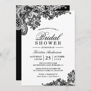 Convites Chá de panela de rendas brancas preto-e-chic simpl