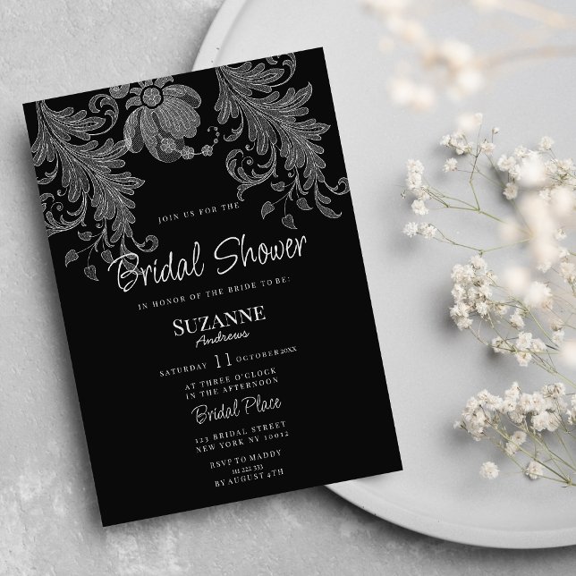Convites Chá de panela de rendas florais brancas e pretas (Elegant black and white floral lace Bridal Shower)