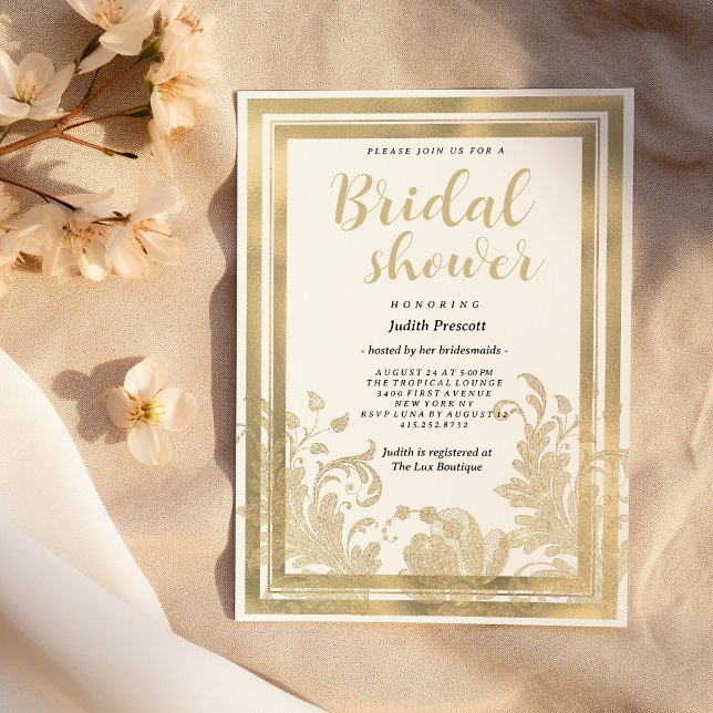 Convites Chá de panela de rendas florais de ouro branco-vit (Vintage white gold floral lace Bridal Shower)