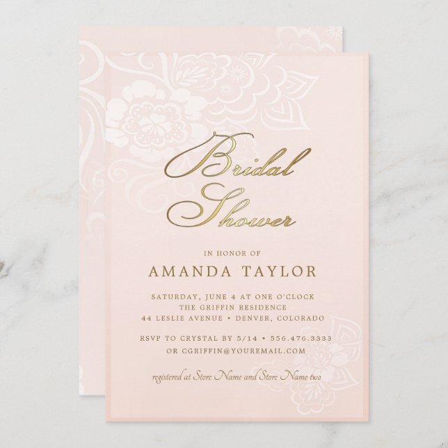 Convites Chá de panela de rendas planas cor-de-rosa (Frente/Verso)