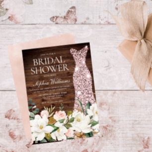 Convites Chá de panela de rosa Dourado Vestido Blush Branco