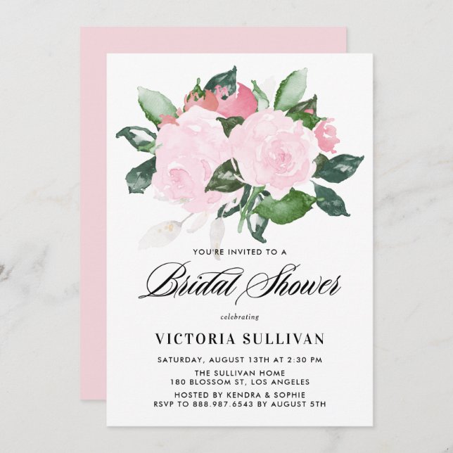 Convites Chá de panela de Rosas de Aquarela Rosa-doce (Frente/Verso)