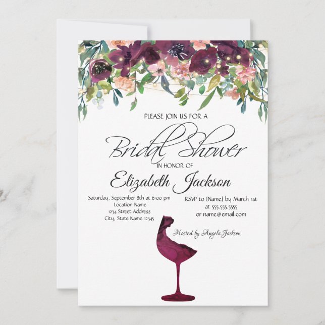 Convites Chá de panela de Rosas de vidro de vinho borgonha (Frente)