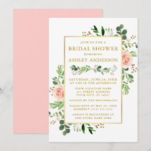 Convites Chá de panela de Rosas Rosa Cinza de Água Dourad