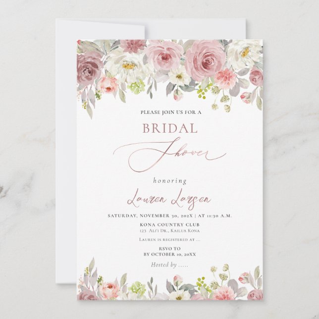 Convites Chá de panela de Rosas Rosa Dusty do ArtsApp H2 (Frente)