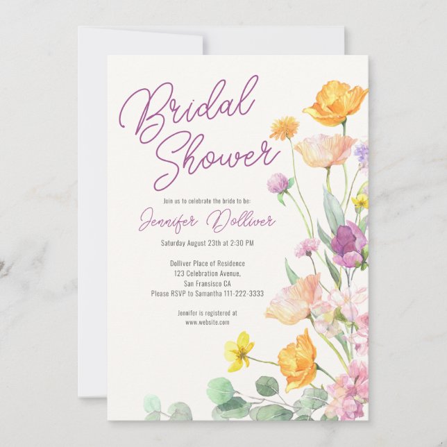 Convites Chá de panela de Script Chic Wildflower (Frente)