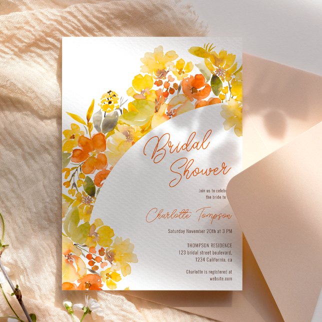 Convites Chá de panela de script de flores amarelas do boho (Fall boho yellow flowers script bridal shower invitation)