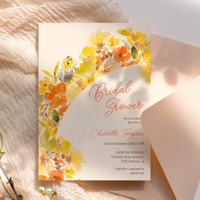 Convites Chá de panela de script de flores amarelas do boho (Fall boho yellow flowers script bridal shower invitation)