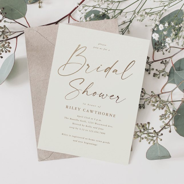 Convites Chá de panela de Script Dourado Simples (Elegant Modern Gold Script Typography Bridal Shower Invitation.)