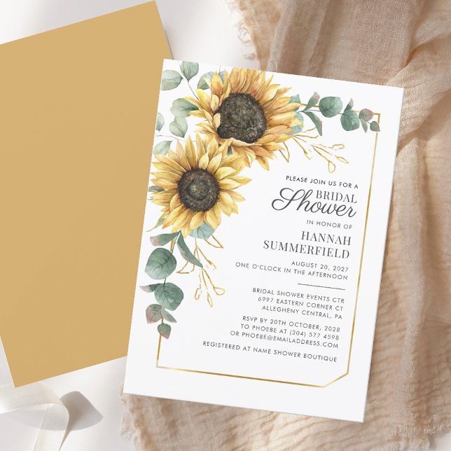 Convites Chá de panela de Script Eucalyptus Floral Sunflowe (Sunflower Floral Eucalyptus Script Bridal Shower Invitation)