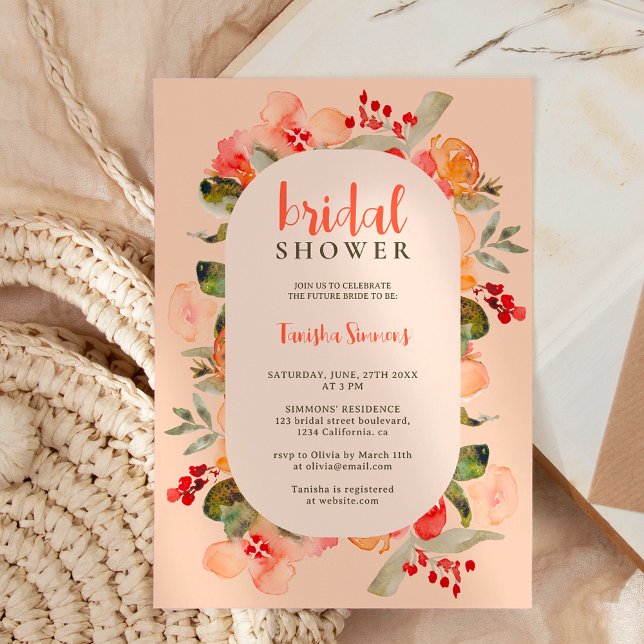 Convites Chá de panela de script floral Boho fall terracott (Boho fall terracotta floral script bridal shower invitation on pastel pink)