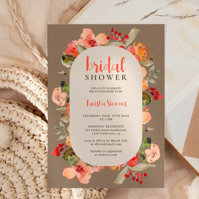 Convites Chá de panela de script floral Boho fall terracott (Boho fall terracotta floral script bridal shower invitation on brown khaki)