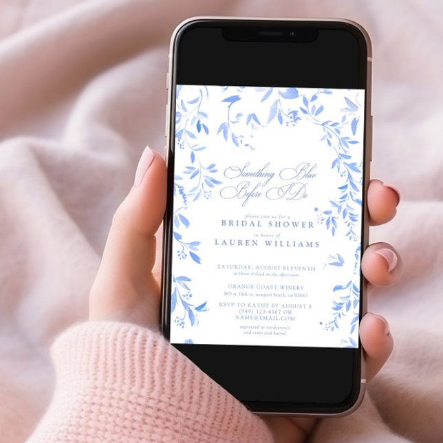 Convites Chá de panela de Script Floral de Código QR Azul (Criador carregado)