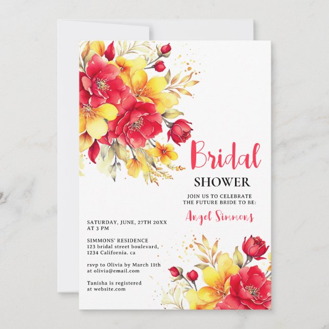 Convites Chá de panela de script floral de queda vermelho-q (Frente)