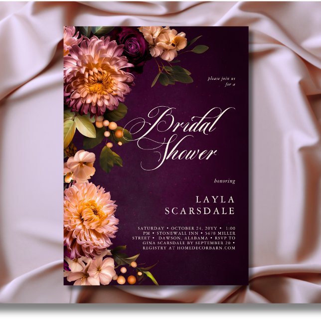 Convites Chá de panela de Script Floral Elegante Burgundy (Elegant Burgundy Moody Floral Script Bridal Shower Invitation)