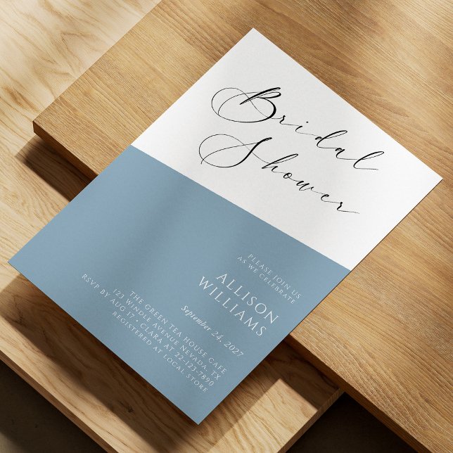 Convites Chá de panela de Script Moderno Azul Dusty (Dusty Blue Modern Script Bridal Shower Invitation Personalized)