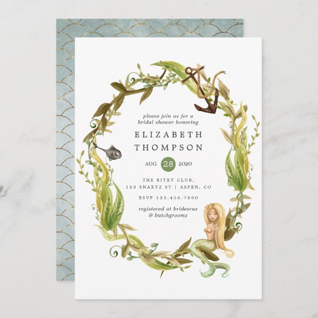 Convites Chá de panela de Sereia de Algas Marinhas Aquática (Frente/Verso)