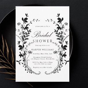Convites Chá de panela de Silhute de Flor Selvagem Preto e 