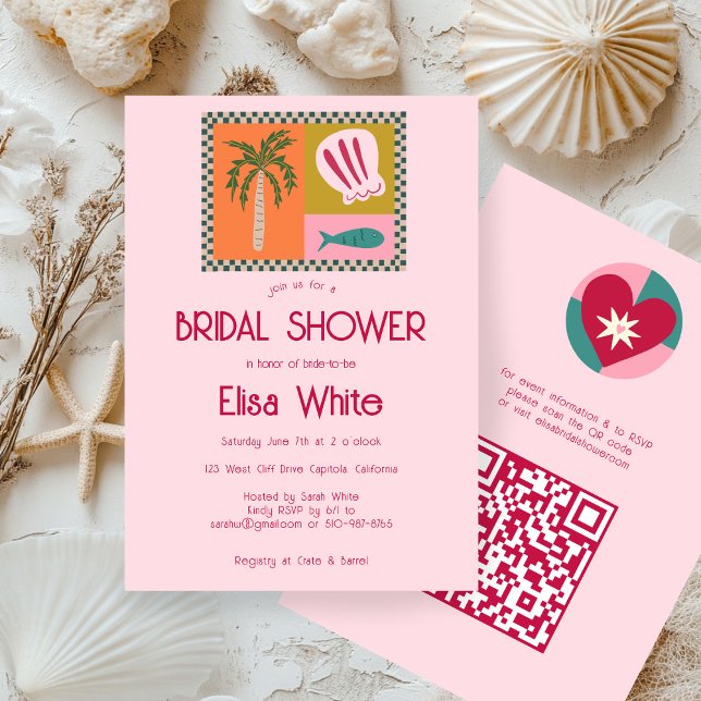 Convites Chá de panela de Soiree Moderno Caudal QR (Seaside Soiree Bridal Shower Modern Cute CUSTOM QR Code Invitation
)
