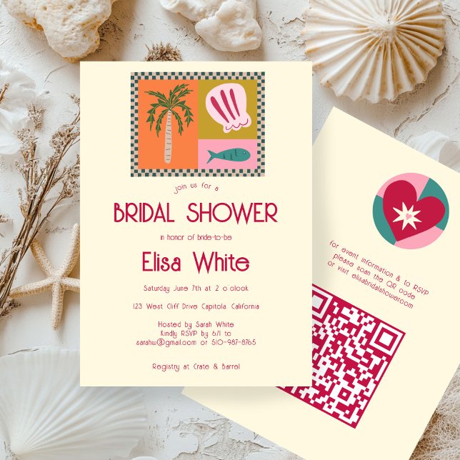 Convites Chá de panela de Soiree Moderno Caudal QR (Seaside Soiree Bridal Shower Modern Cute CUSTOM QR code Invitation
)