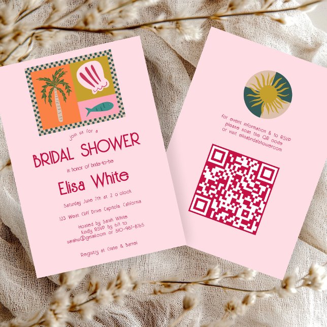 Convites Chá de panela de Soiree Moderno Caudal QR (Seaside Soiree Bridal Shower Modern Cute CUSTOM QR Tropical beach Invitation
)