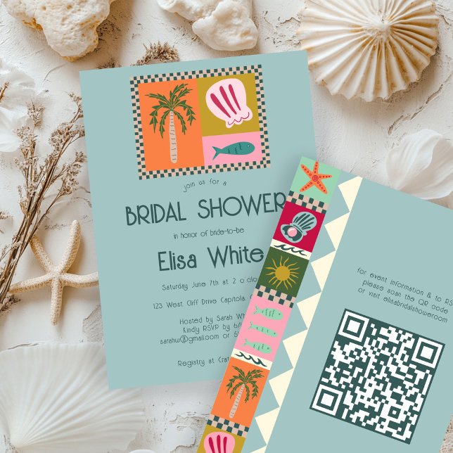 Convites Chá de panela de Soiree Moderno Caudal QR (Seaside Soiree Bridal Shower Modern Cute CUSTOM QR Party Invitation
)