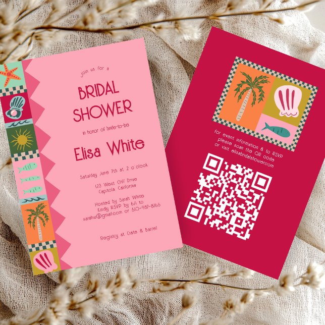 Convites Chá de panela de Soiree Moderno Caudal QR (Seaside Soiree Bridal Shower Modern Cute CUSTOM QR Invitation
)