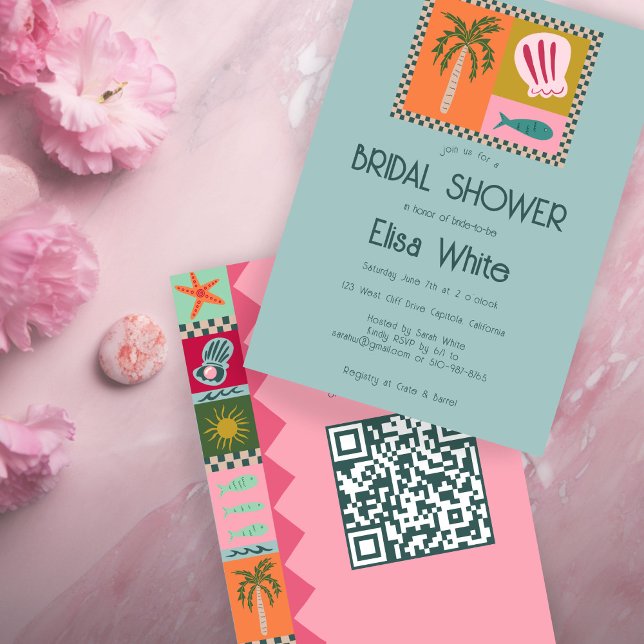 Convites Chá de panela de Soiree Moderno Caudal QR (Seaside Soiree Bridal Shower Modern Cute CUSTOM QR Code Hand Drawn Invitation
)