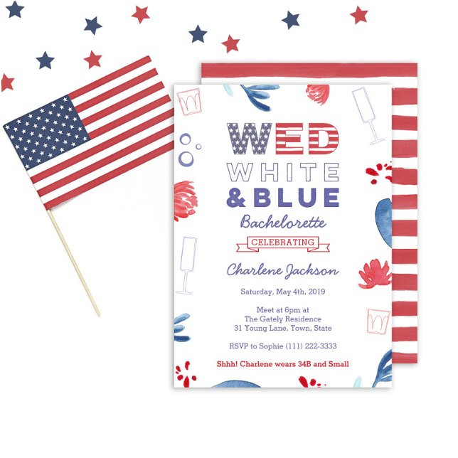Convites Chá de panela de solha azul e branco vermelho WED (Wed White And Blue Bachelorette Party Invitation )
