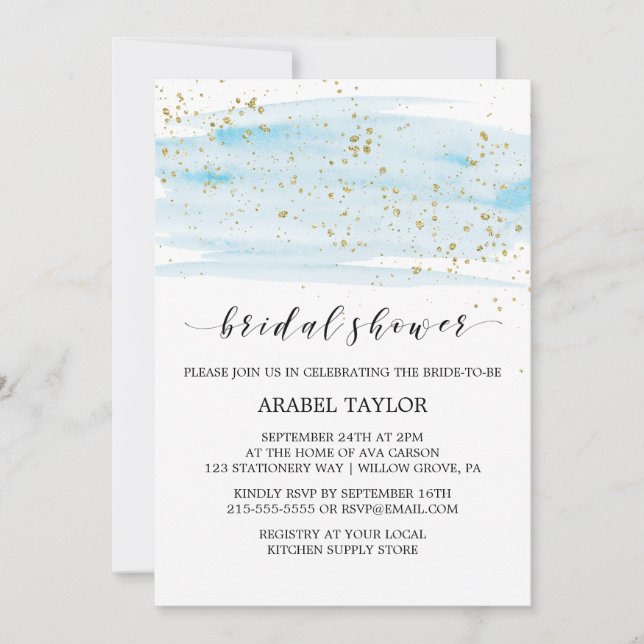 Convites Chá de panela de Sparkle azul e Dourado com aquare (Frente)