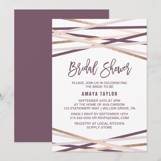 Convites Chá de panela de Streamers Dourados e Blush Roxo (Frente/Verso)