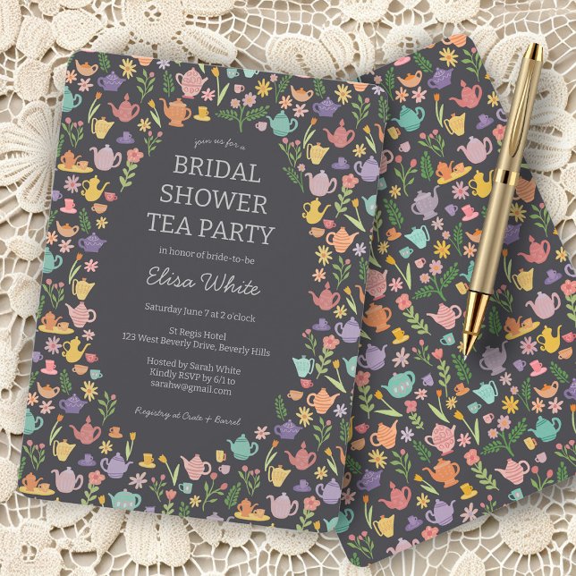 Convites Chá de panela de Tea Party Cólito Causado (Tea Party Bridal Shower Cute Colorful CUSTOM Invitation
teacups teapots easter floral sweet high tea)