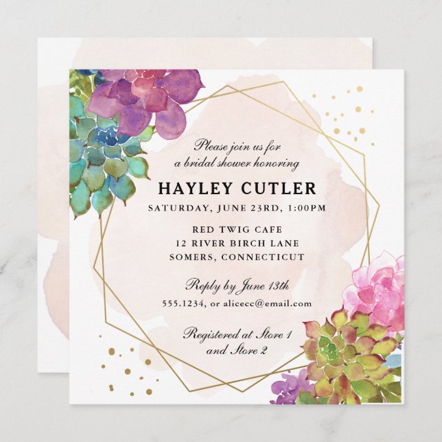 Convites Chá de panela de Terrário Dourado Suculente com Aq (Frente/Verso)