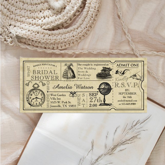 Convites Chá de panela de Tíquete Vintage (Vintage illustrations and typography ticket bridal shower invitation )
