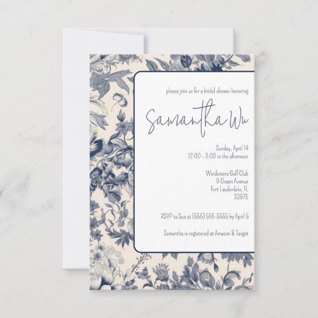 Convites Chá de panela de Toile de Francês Azul e Branco (Frente)