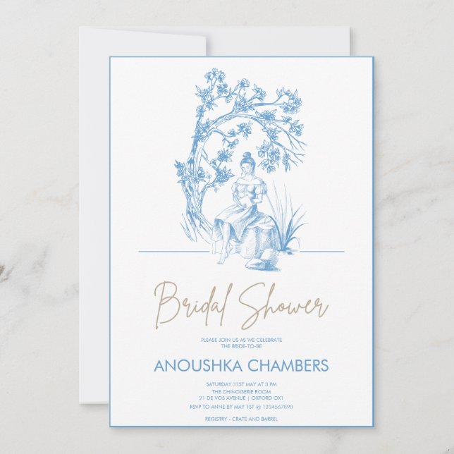 Convites Chá de panela de Toile de Jouy Azul e Branco (Frente)
