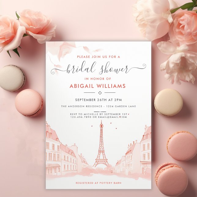 Convites Chá de panela de Torre Eiffel de Fotografia Rosa-C (Front - Chic Peach Pink Photo Eiffel Tower Bridal Shower Invitation)