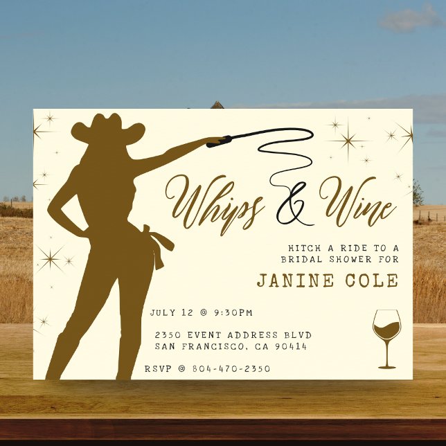 Convites Chá de panela de vaqueira de chicotes e vinhos (Whips & Wine Cowgirl Bridal Shower Invitation
)