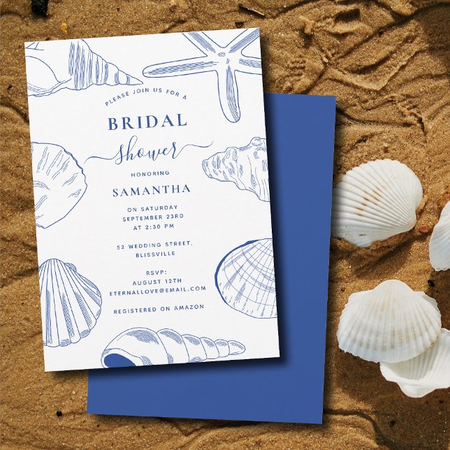 Convites Chá de panela de Verão de Praia da Praia do Mar Br (Blue White Sea Shells Beach Summer Bridal Shower Invitation)