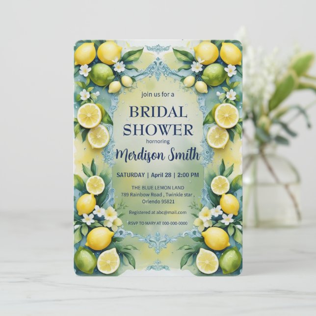 Convites Chá de panela de Verão do Mediterrâneo Chic Lemon (Em pé/Frente)