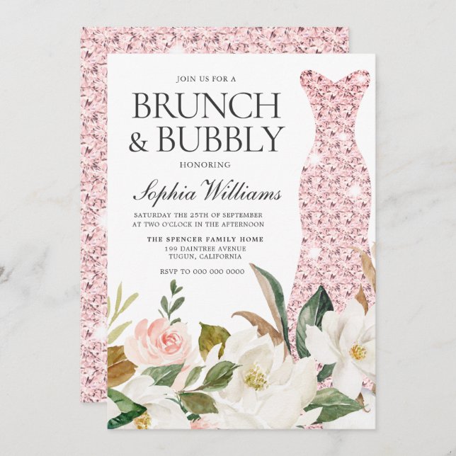 Convites Chá de panela de Vestido Blush Brunch e Bubble (Frente/Verso)