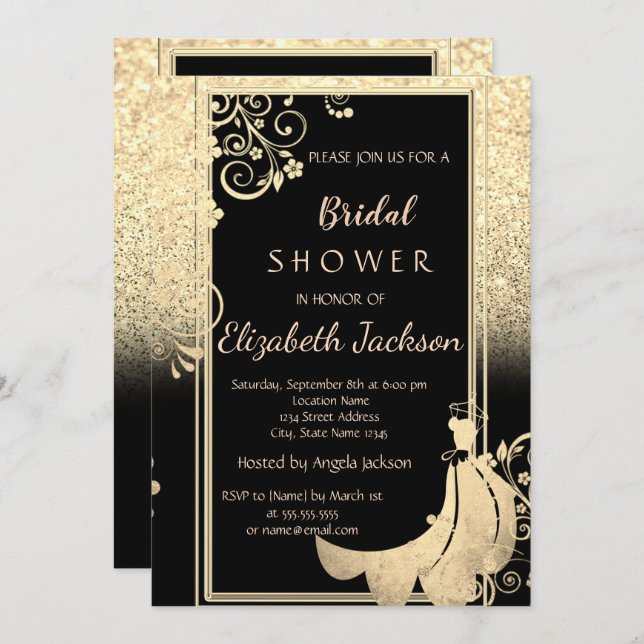 Convites Chá de panela de Vestido das Flores Douradas Elega (Frente/Verso)