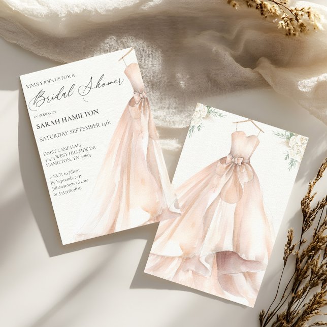 Convites Chá de panela De Vestido De Casamento De Aquarela (Simple Elegant Water Color Wedding Gown muted pastel colors with white boho floral bouquet )